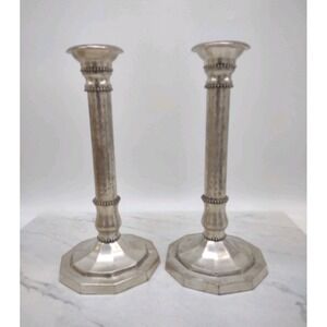 Vtg Pair Silver Color Metal Candlestick Holders 10 Inch Hammered Stem Hex Base